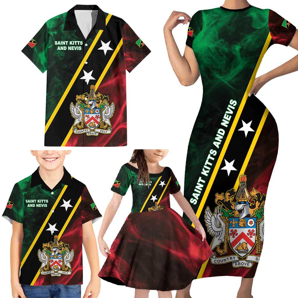 Personalized Saint Kitts and Nevis Family Matching Short Sleeve Bodycon Dress and Hawaiian Shirt Flag Style With Stars