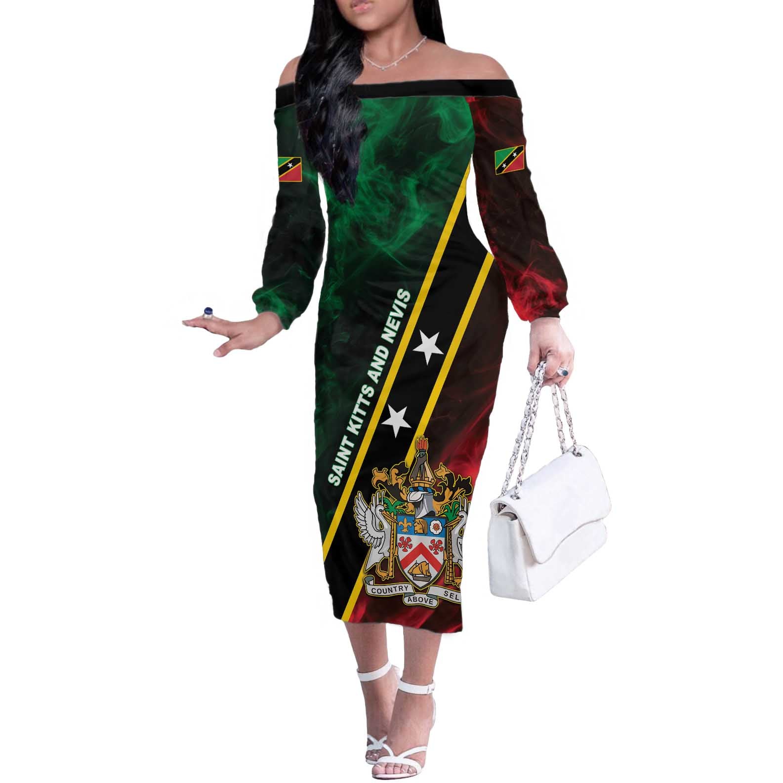 Personalized Saint Kitts and Nevis Off The Shoulder Long Sleeve Dress Flag Style With Stars