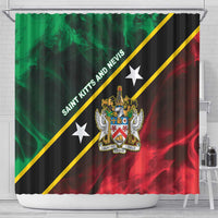 Hanging flag-style shower curtain with Saint Kitts and Nevis stars and diagonal yellow stripes