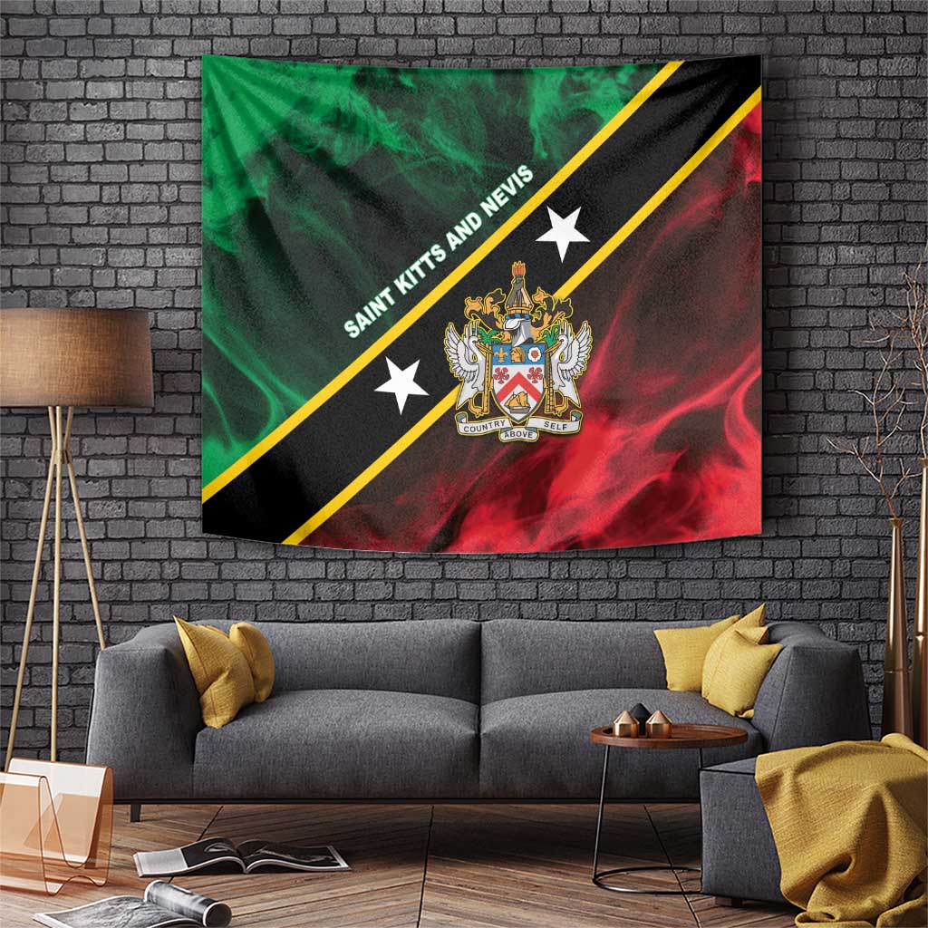 Saint Kitts and Nevis tapestry flag with stars, green red black, diagonal yellow stripe