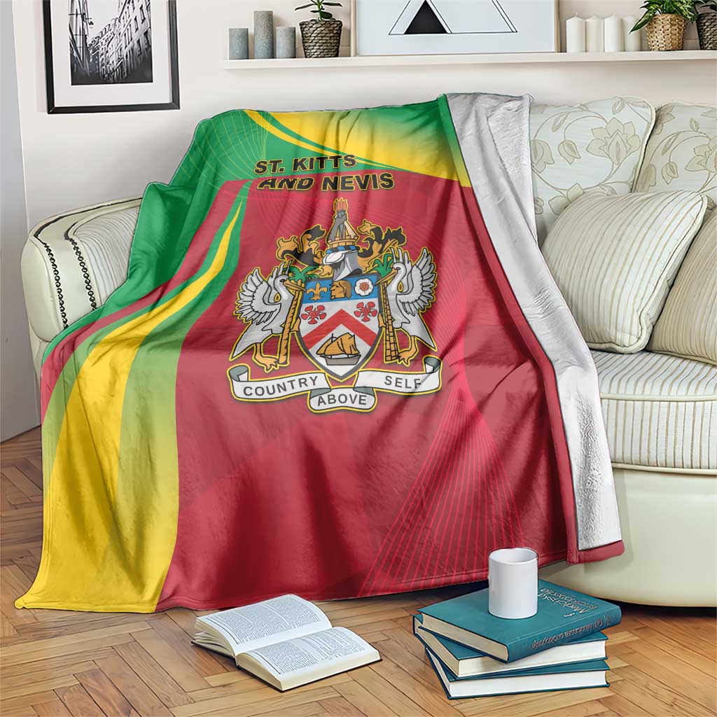 Saint Kitts and Nevis blanket with coat of arms, green/yellow/red sporty striped design