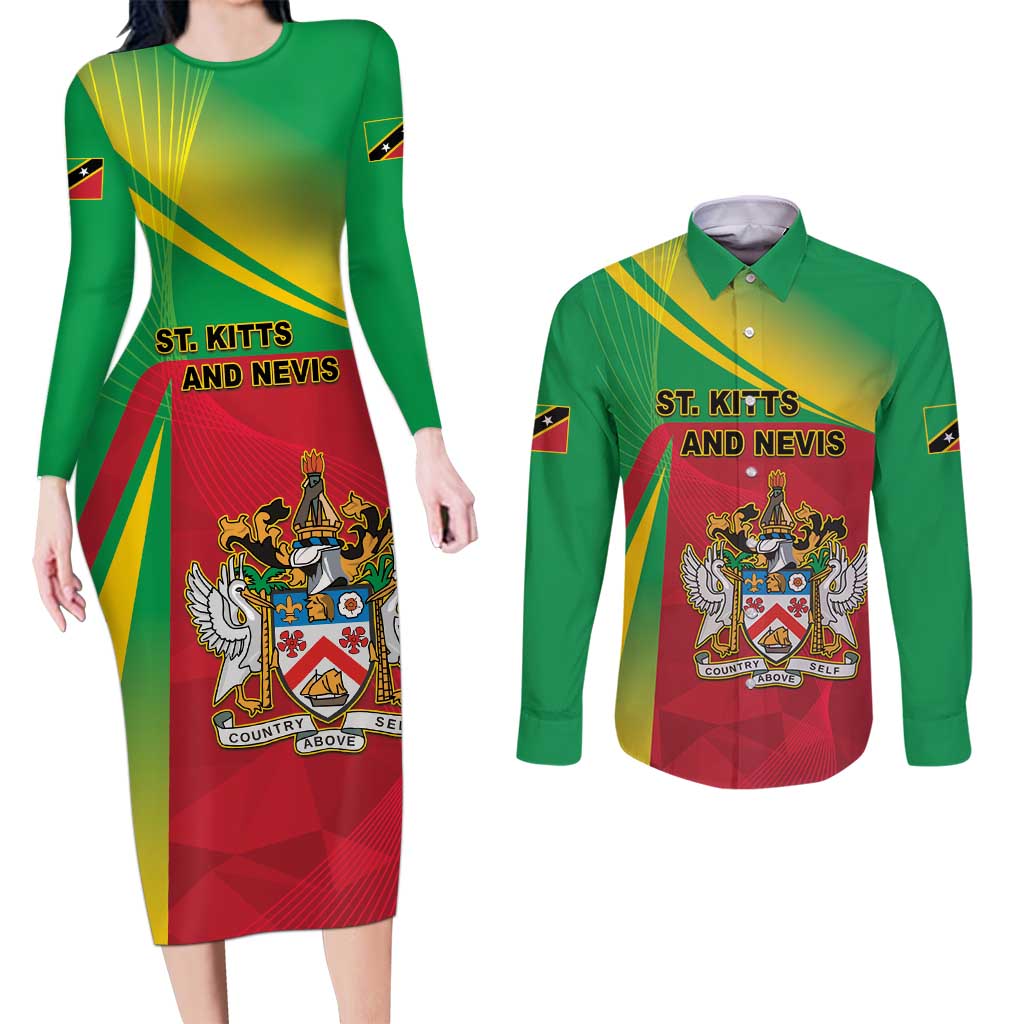 Personalized Saint Kitts and Nevis Couples Matching Long Sleeve Bodycon Dress and Long Sleeve Button Shirt Coat Of Arms Sporty Style