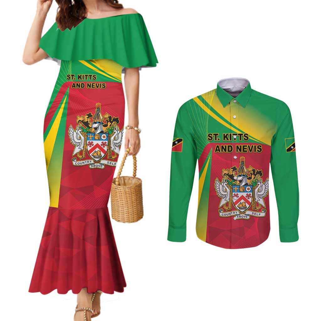 Personalized Saint Kitts and Nevis Couples Matching Mermaid Dress and Long Sleeve Button Shirt Coat Of Arms Sporty Style