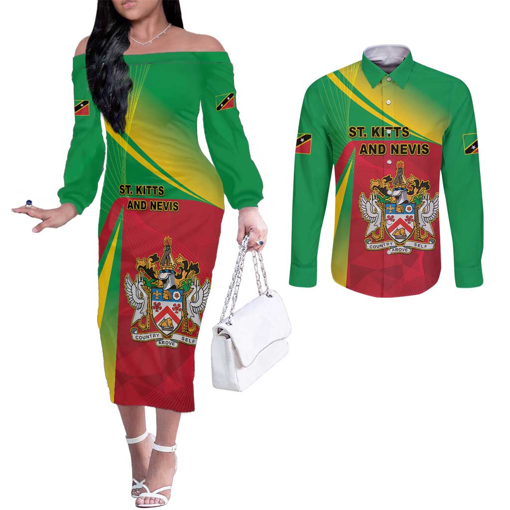 Personalized Saint Kitts and Nevis Couples Matching Off The Shoulder Long Sleeve Dress and Long Sleeve Button Shirt Coat Of Arms Sporty Style