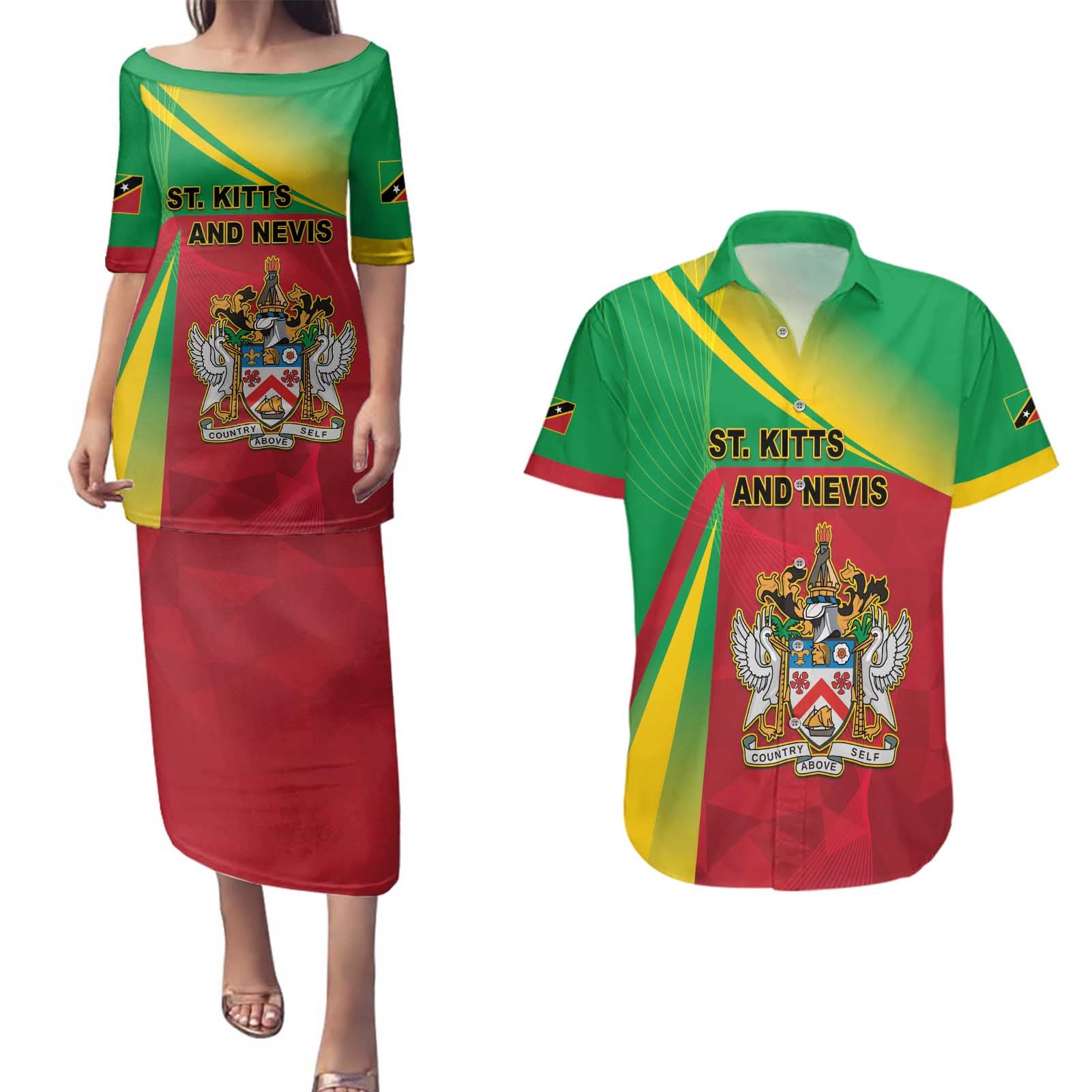 Personalized Saint Kitts and Nevis Couples Matching Puletasi and Hawaiian Shirt Coat Of Arms Sporty Style