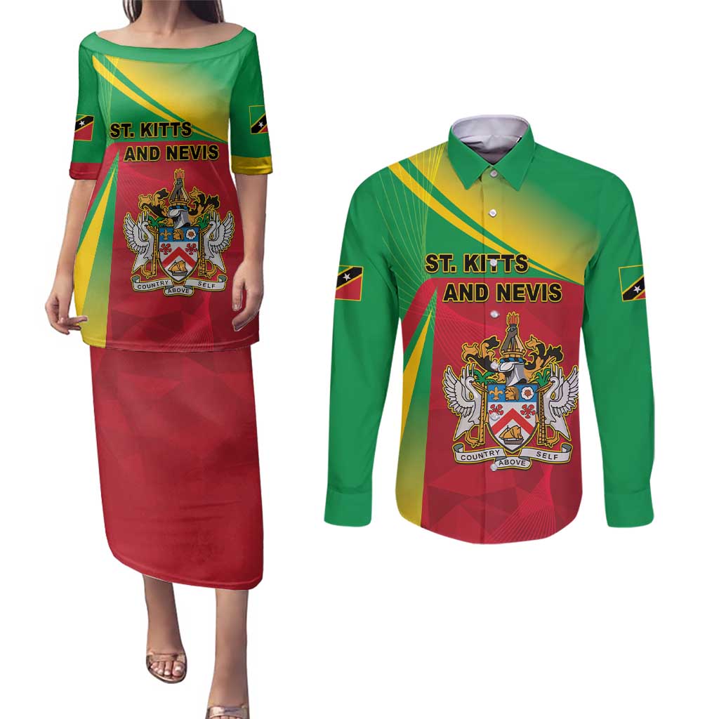 Personalized Saint Kitts and Nevis Couples Matching Puletasi and Long Sleeve Button Shirt Coat Of Arms Sporty Style