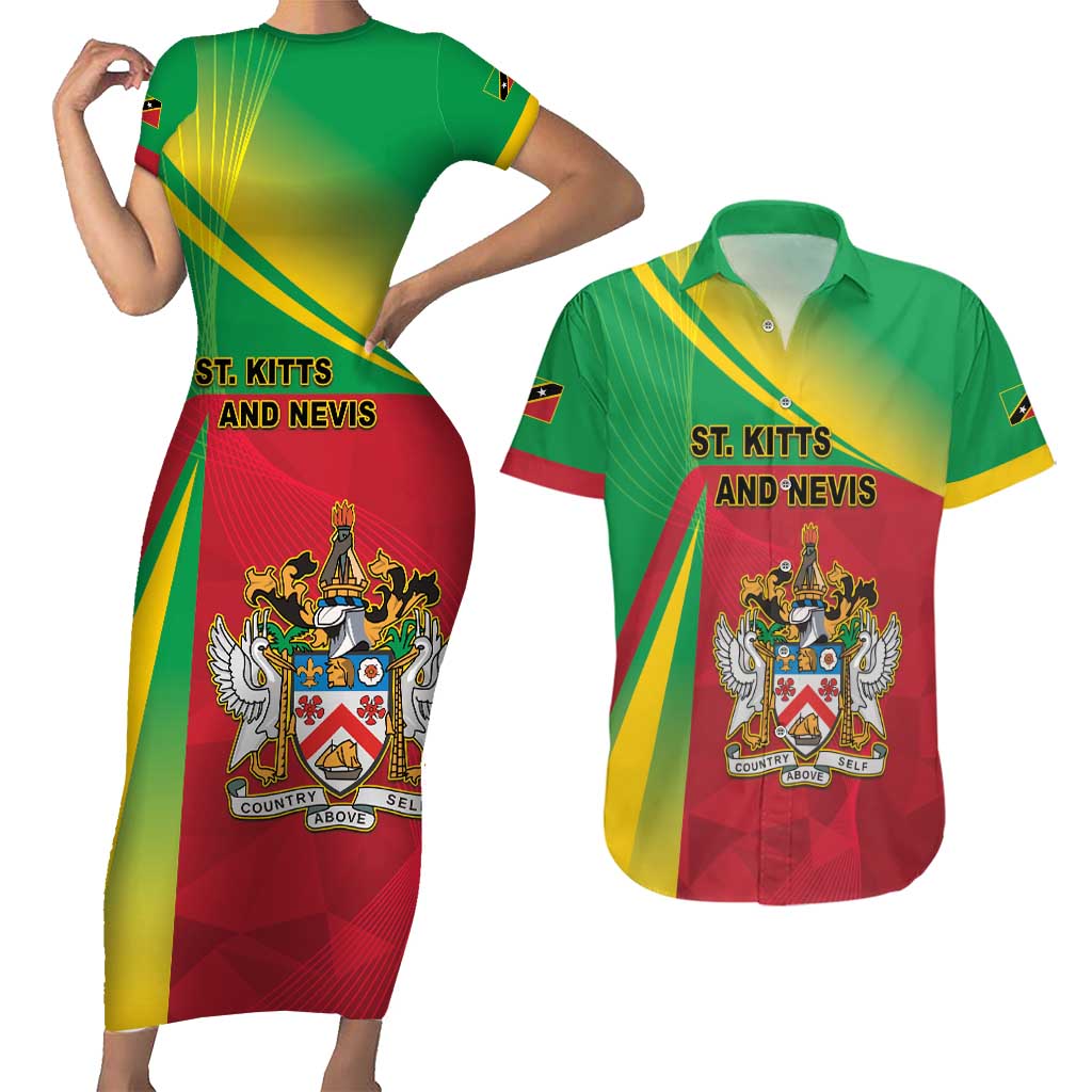 Personalized Saint Kitts and Nevis Couples Matching Short Sleeve Bodycon Dress and Hawaiian Shirt Coat Of Arms Sporty Style