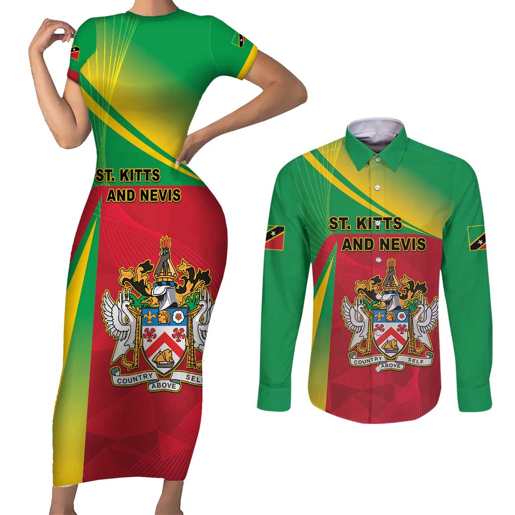 Personalized Saint Kitts and Nevis Couples Matching Short Sleeve Bodycon Dress and Long Sleeve Button Shirt Coat Of Arms Sporty Style