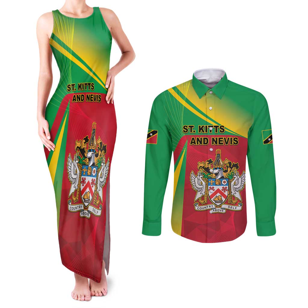 Personalized Saint Kitts and Nevis Couples Matching Tank Maxi Dress and Long Sleeve Button Shirt Coat Of Arms Sporty Style