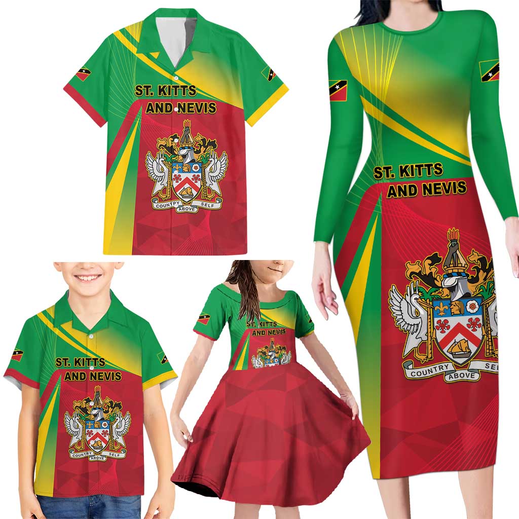 Personalized Saint Kitts and Nevis Family Matching Long Sleeve Bodycon Dress and Hawaiian Shirt Coat Of Arms Sporty Style