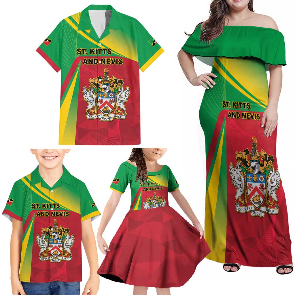 Personalized Saint Kitts and Nevis Family Matching Off Shoulder Maxi Dress and Hawaiian Shirt Coat Of Arms Sporty Style