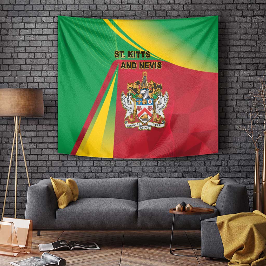 St. Kitts and Nevis coat of arms tapestry banner with green, red, and yellow stripes