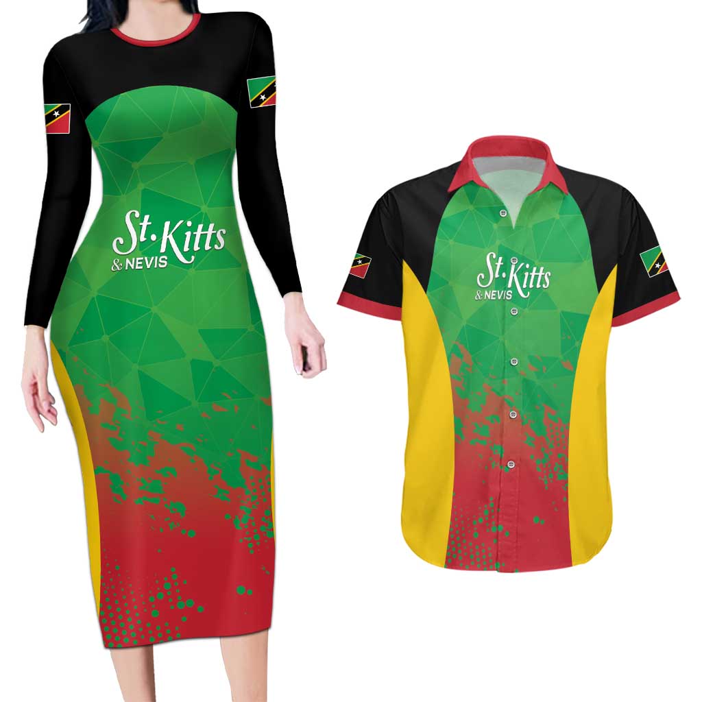 Custom Saint Kitts and Nevis Cricket Couples Matching Long Sleeve Bodycon Dress and Hawaiian Shirt Simple Style