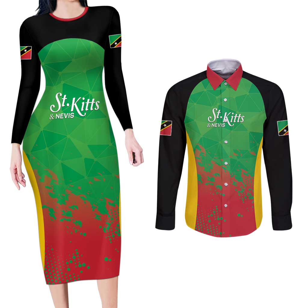 Custom Saint Kitts and Nevis Cricket Couples Matching Long Sleeve Bodycon Dress and Long Sleeve Button Shirt Simple Style