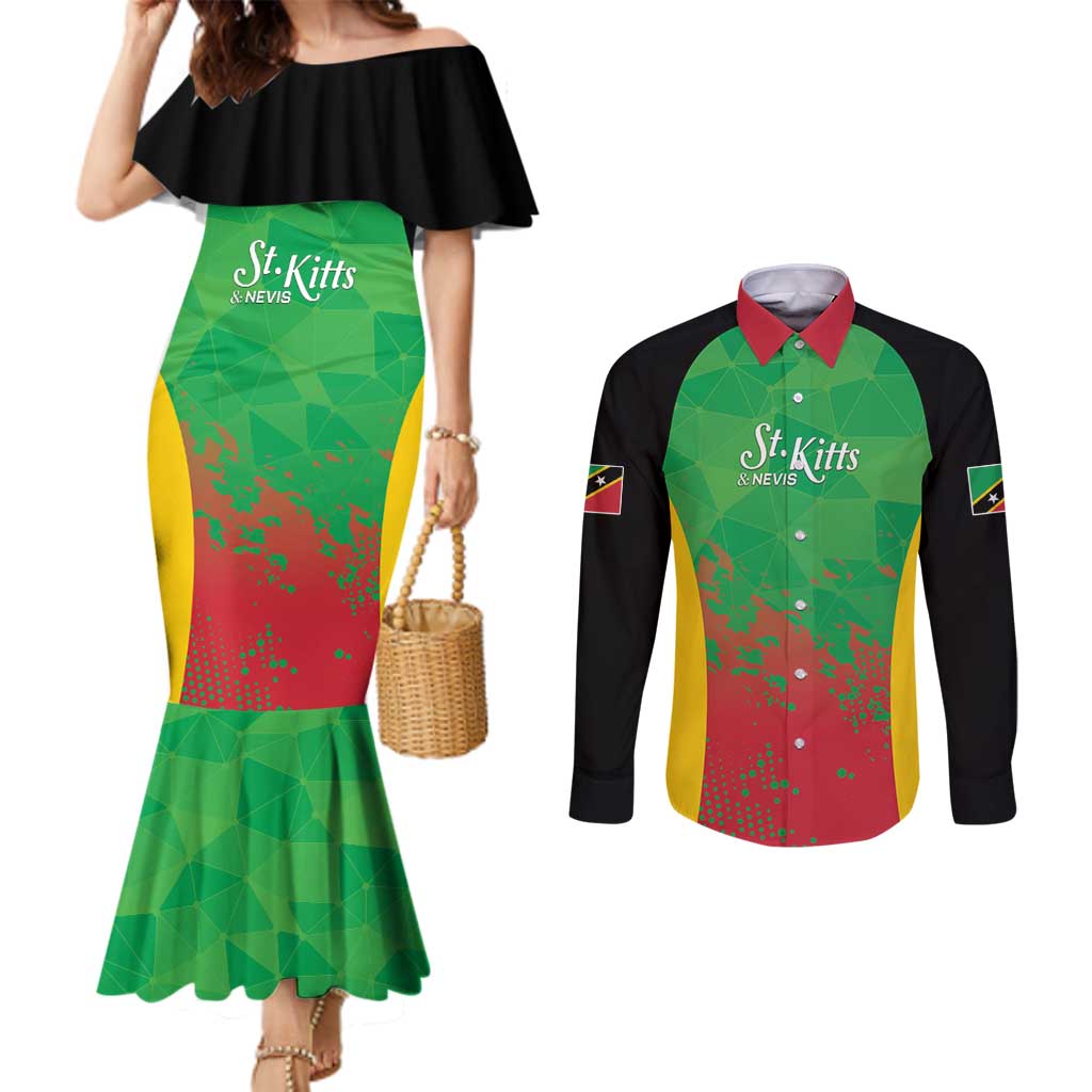 Custom Saint Kitts and Nevis Cricket Couples Matching Mermaid Dress and Long Sleeve Button Shirt Simple Style