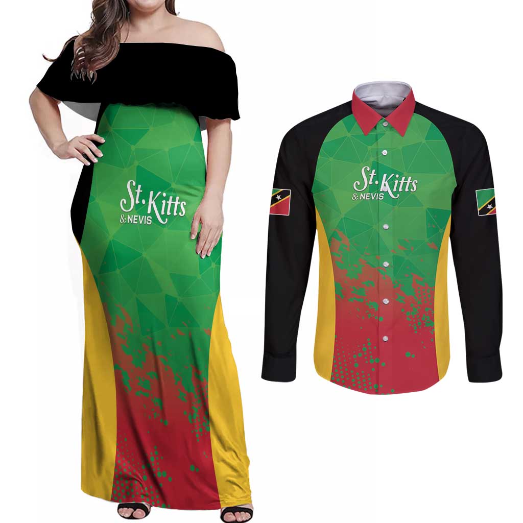 Custom Saint Kitts and Nevis Cricket Couples Matching Off Shoulder Maxi Dress and Long Sleeve Button Shirt Simple Style