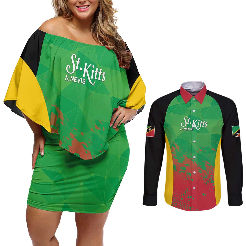 Custom Saint Kitts and Nevis Cricket Couples Matching Off Shoulder Short Dress and Long Sleeve Button Shirt Simple Style