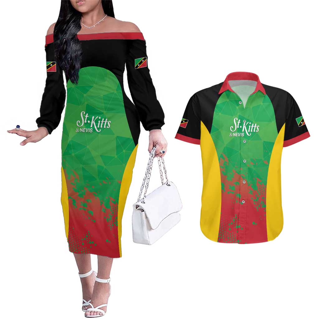 Custom Saint Kitts and Nevis Cricket Couples Matching Off The Shoulder Long Sleeve Dress and Hawaiian Shirt Simple Style