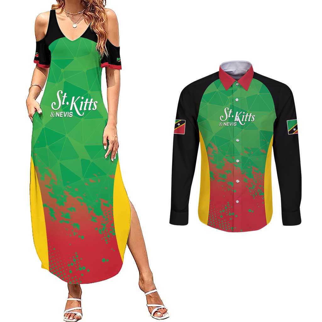 Custom Saint Kitts and Nevis Cricket Couples Matching Summer Maxi Dress and Long Sleeve Button Shirt Simple Style