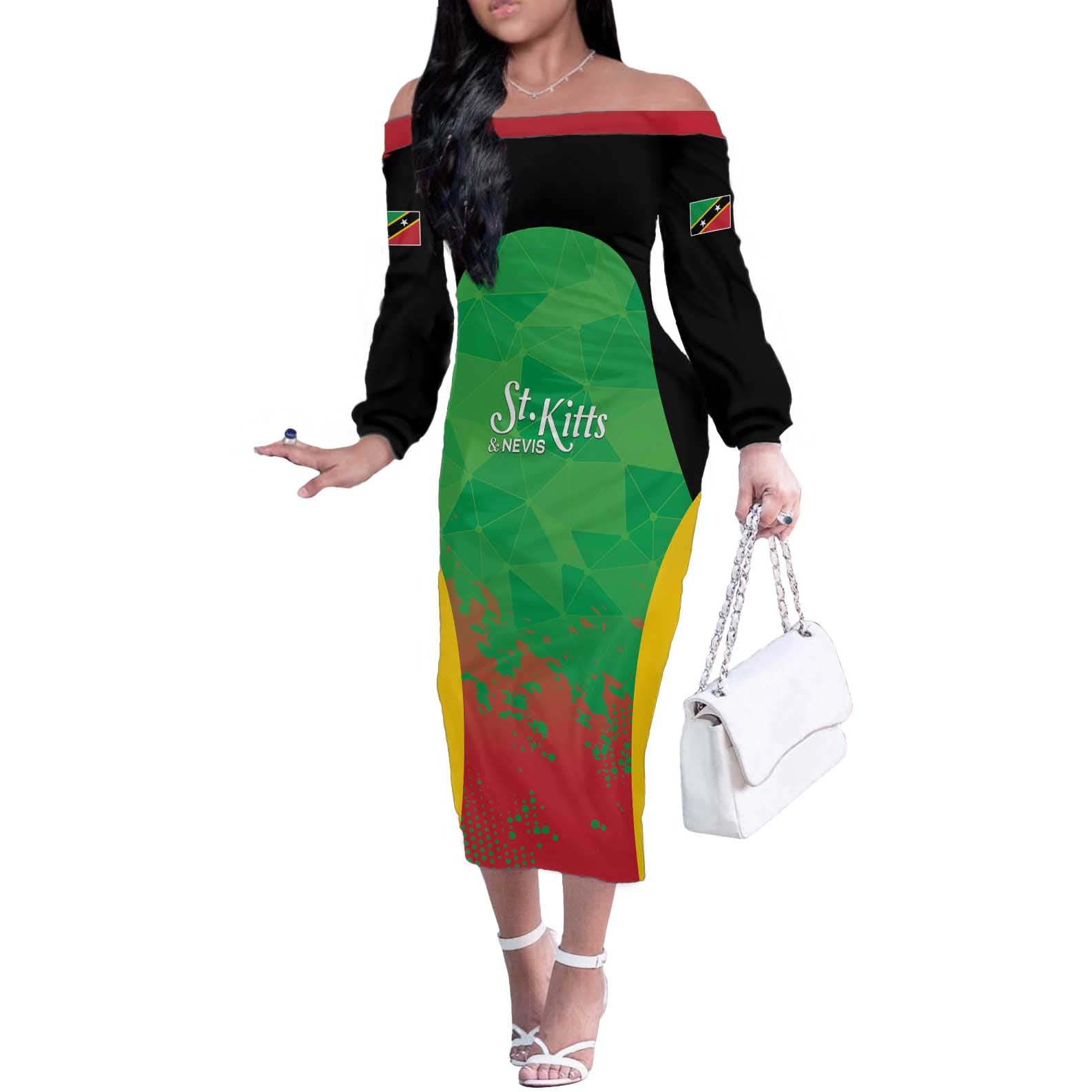 Custom Saint Kitts and Nevis Cricket Off The Shoulder Long Sleeve Dress Simple Style