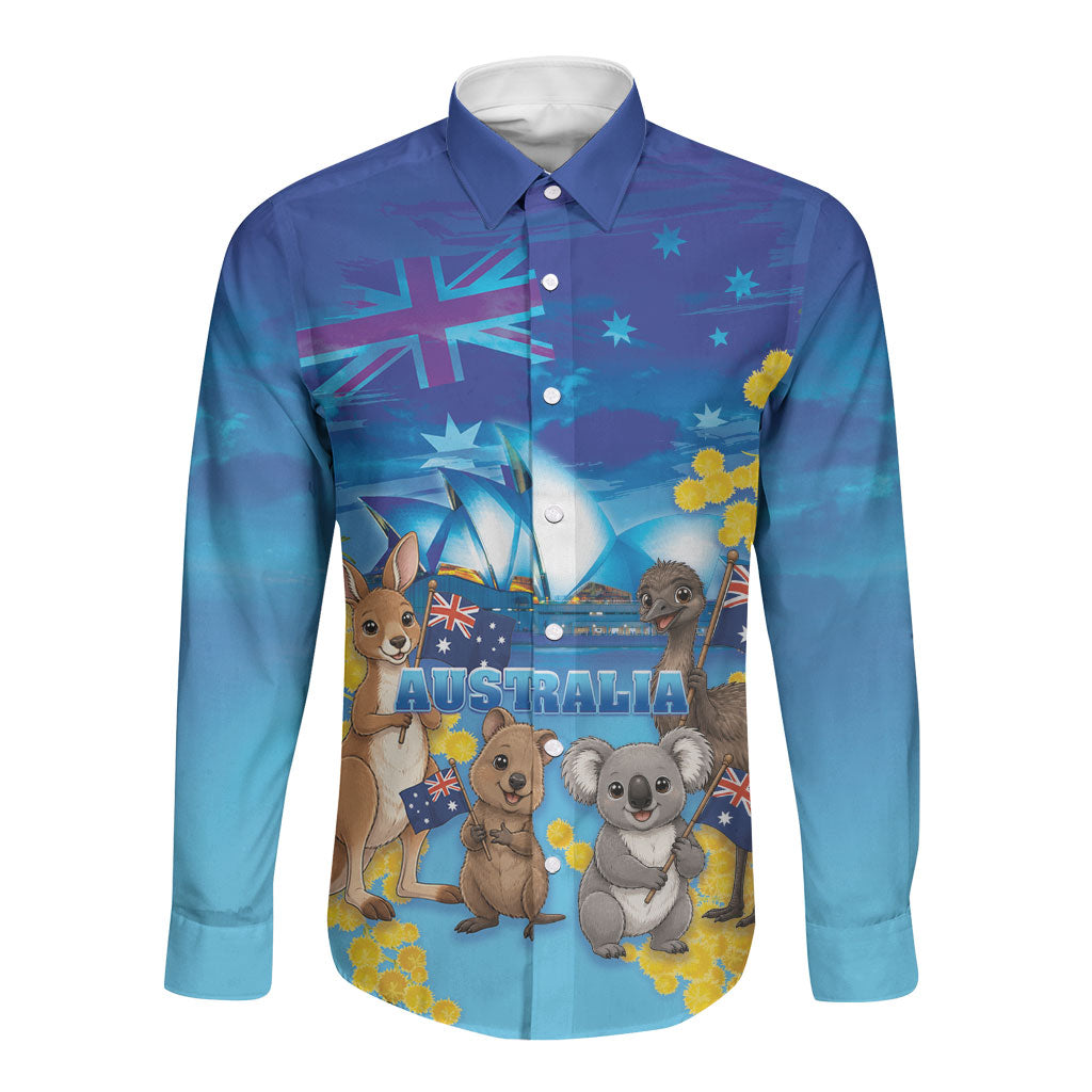 Happy Australia Flag Day Long Sleeve Button Shirt Aussie Animals Grunge Style
