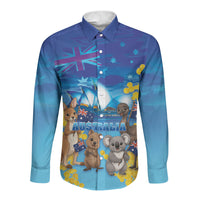 Happy Australia Flag Day Long Sleeve Button Shirt Aussie Animals Grunge Style