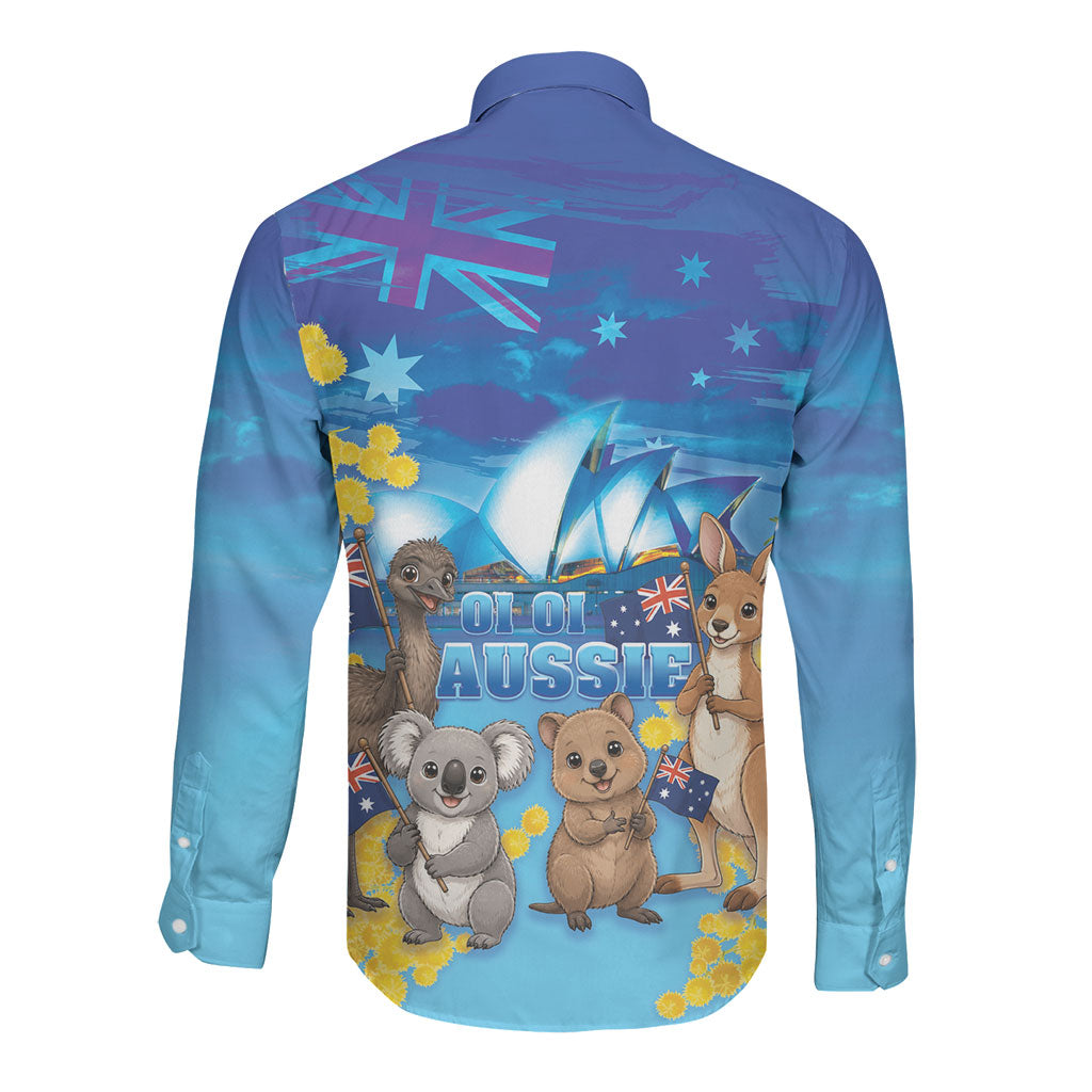 Happy Australia Flag Day Long Sleeve Button Shirt Aussie Animals Grunge Style