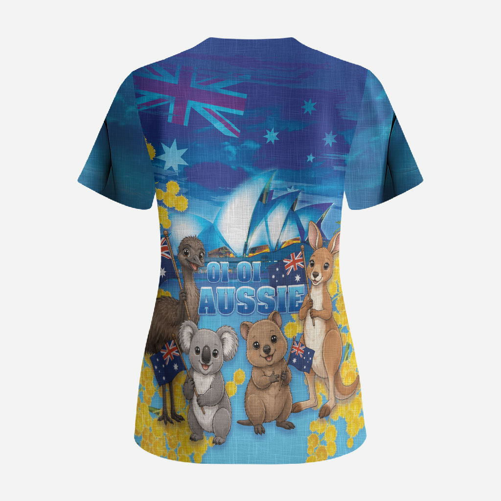 Happy Australia Flag Day Scrub Top Aussie Animals Grunge Style
