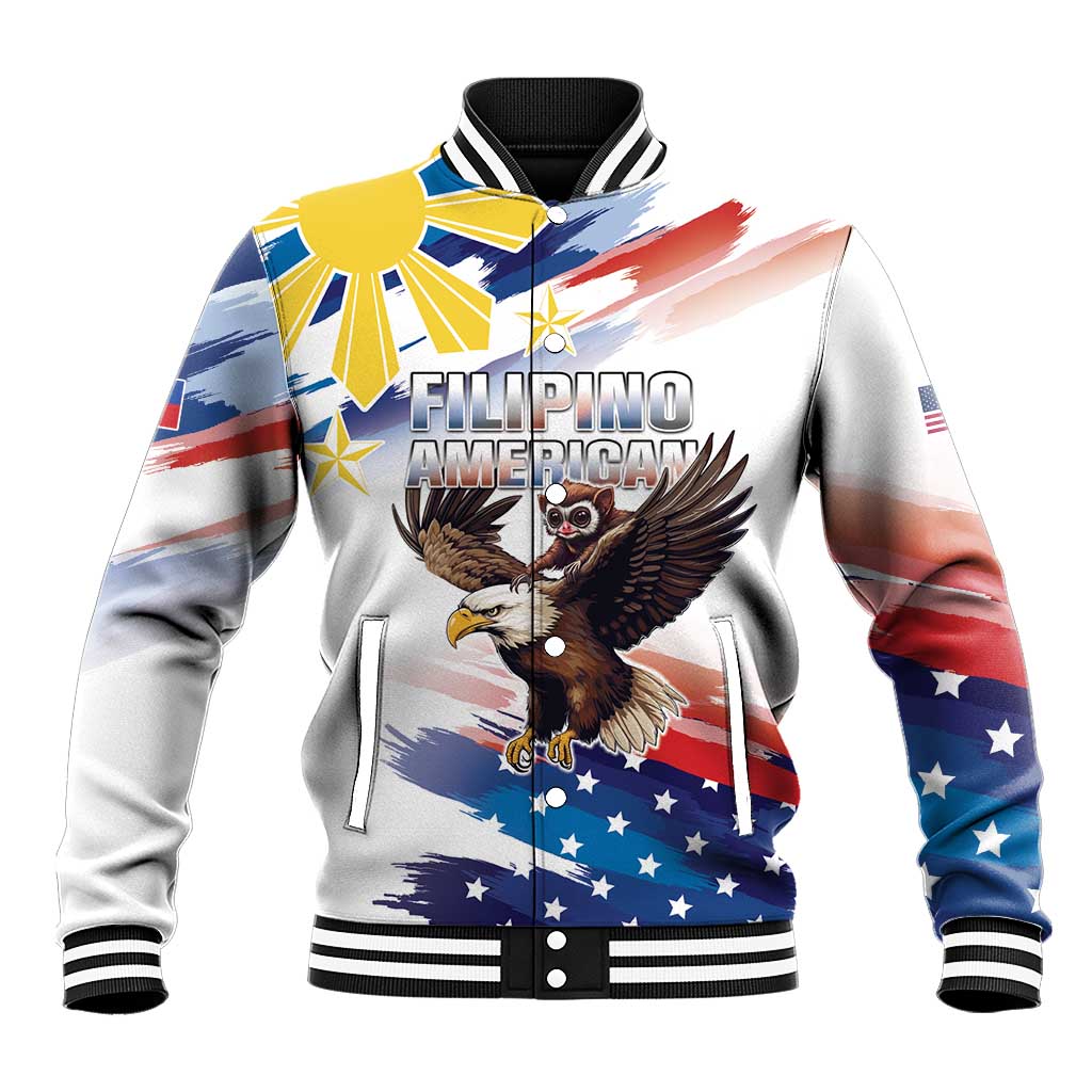 White baseball jacket with ribbed collar, eagle flag graphic, snap front
