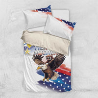 White bedding set with bald eagle and tarsier graphic, includes matching pillowcases