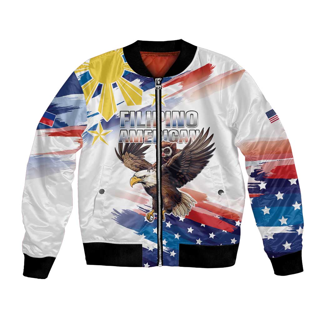 Unisex white bomber jacket with eagle graphic, flag print, full-zip front, black ribbed cuffs