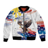 Unisex white bomber jacket with eagle graphic, flag print, full-zip front, black ribbed cuffs