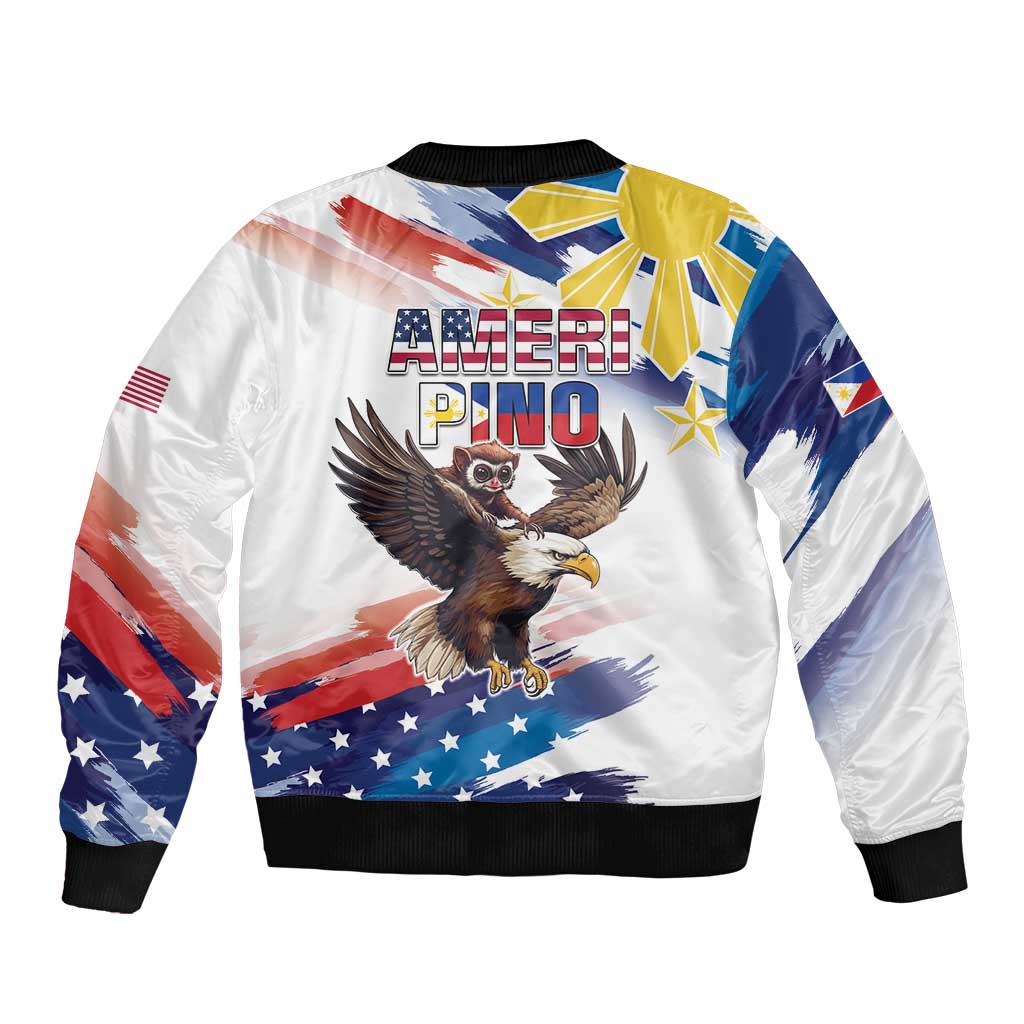 Unisex white bomber jacket, eagle graphic on back with bold text, flag print, ribbed hem