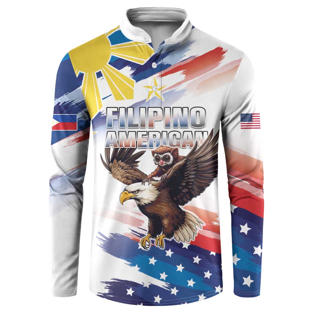 White button sweatshirt with eagle and tarsier graphic on the front