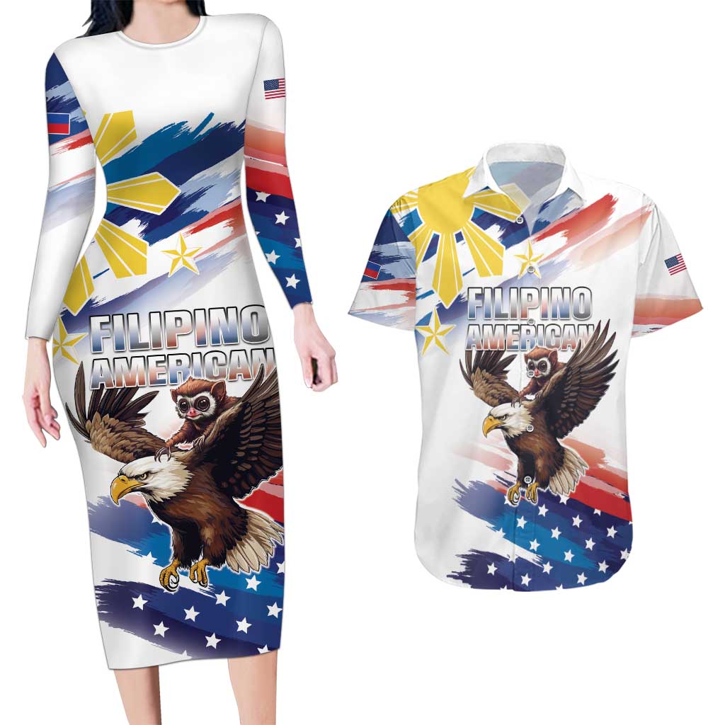 Filipino American History Month Couples Matching Long Sleeve Bodycon Dress and Hawaiian Shirt Bald Eagle Tarsier Together LT05 - Wonder Print Shop