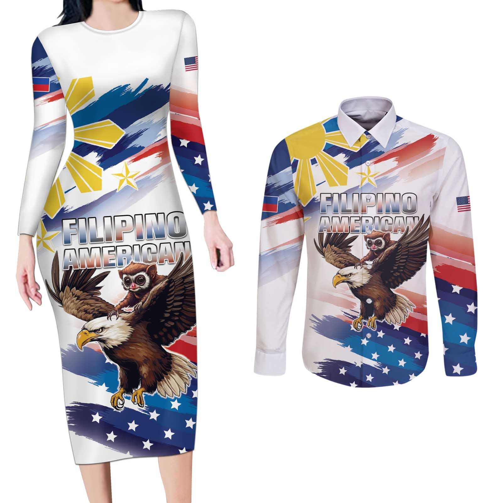 Filipino American History Month Couples Matching Long Sleeve Bodycon Dress and Long Sleeve Button Shirt Bald Eagle Tarsier Together LT05 - Wonder Print Shop