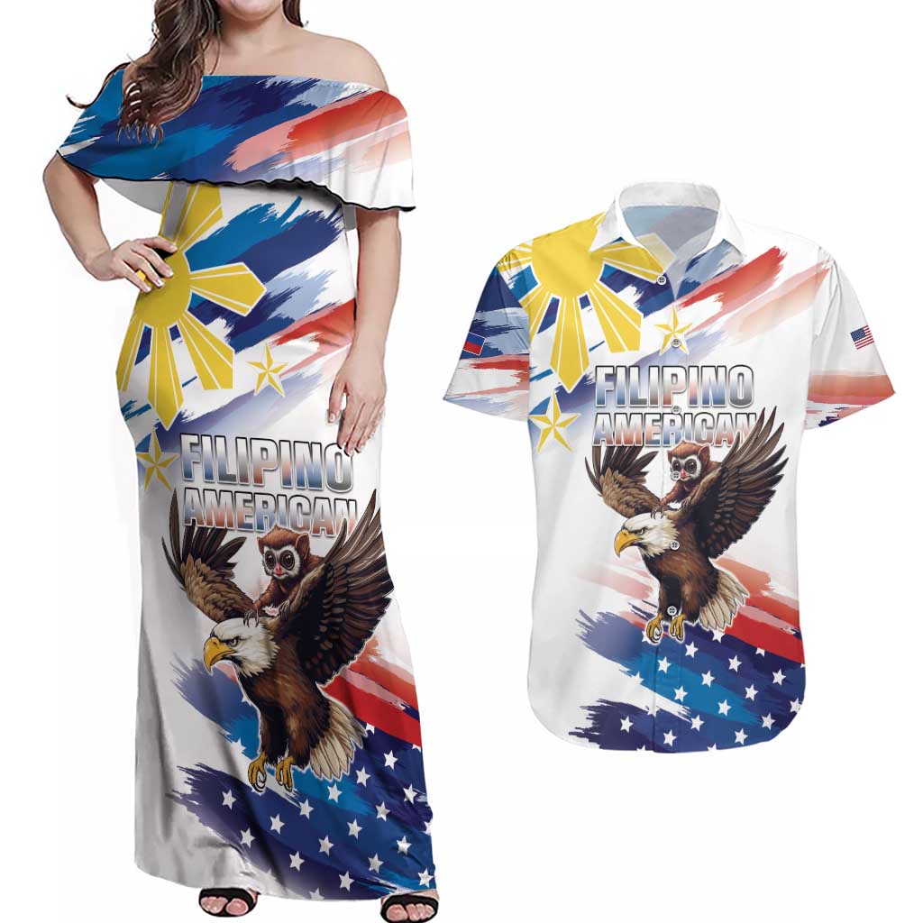 Filipino American History Month Couples Matching Off Shoulder Maxi Dress and Hawaiian Shirt Bald Eagle Tarsier Together LT05 - Wonder Print Shop