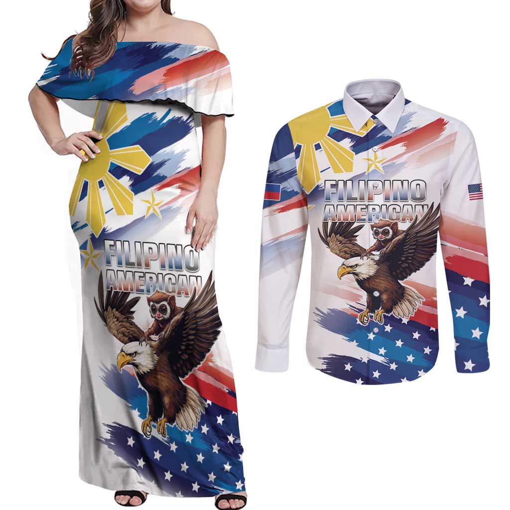 Filipino American History Month Couples Matching Off Shoulder Maxi Dress and Long Sleeve Button Shirt Bald Eagle Tarsier Together LT05 - Wonder Print Shop