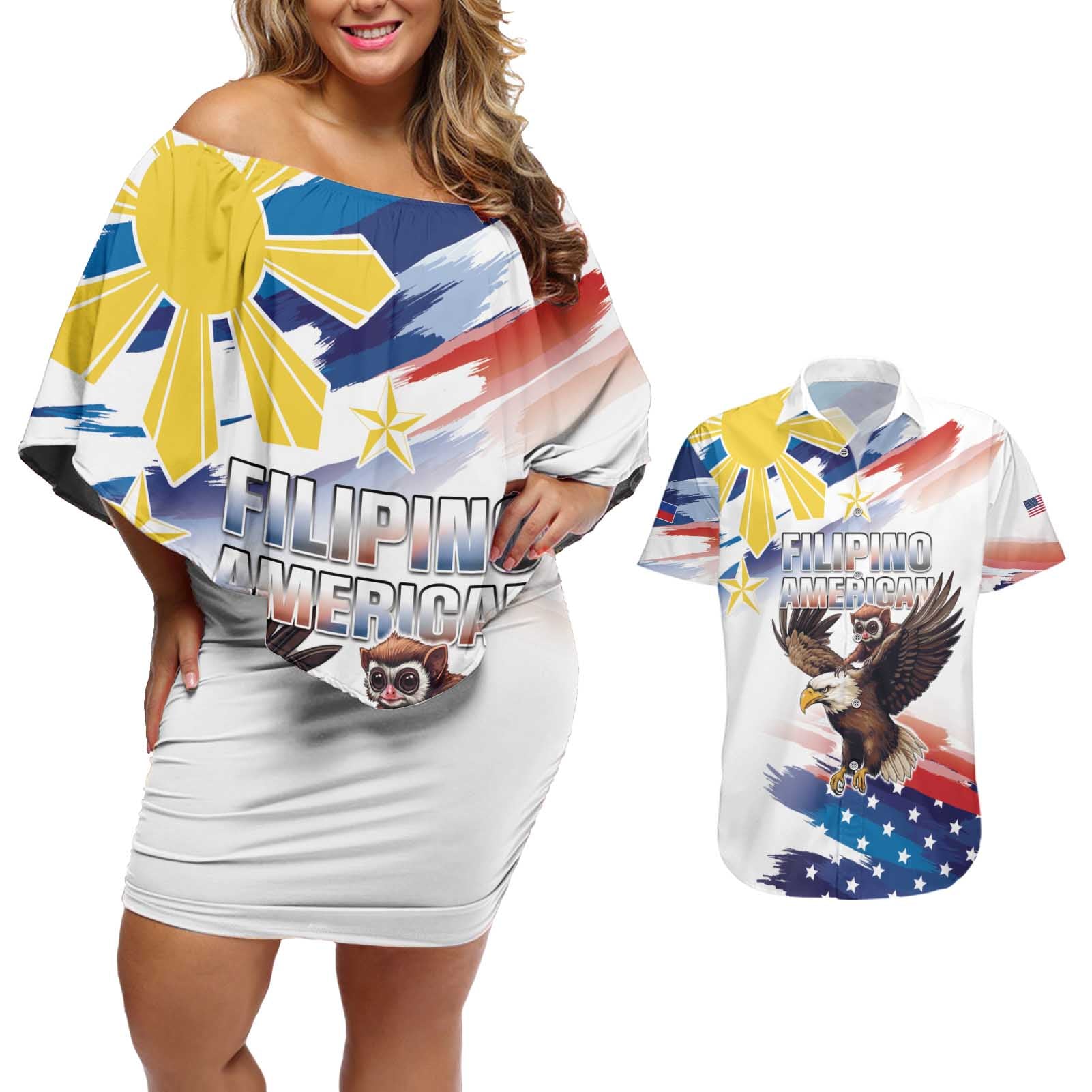 Filipino American History Month Couples Matching Off Shoulder Short Dress and Hawaiian Shirt Bald Eagle Tarsier Together LT05 - Wonder Print Shop