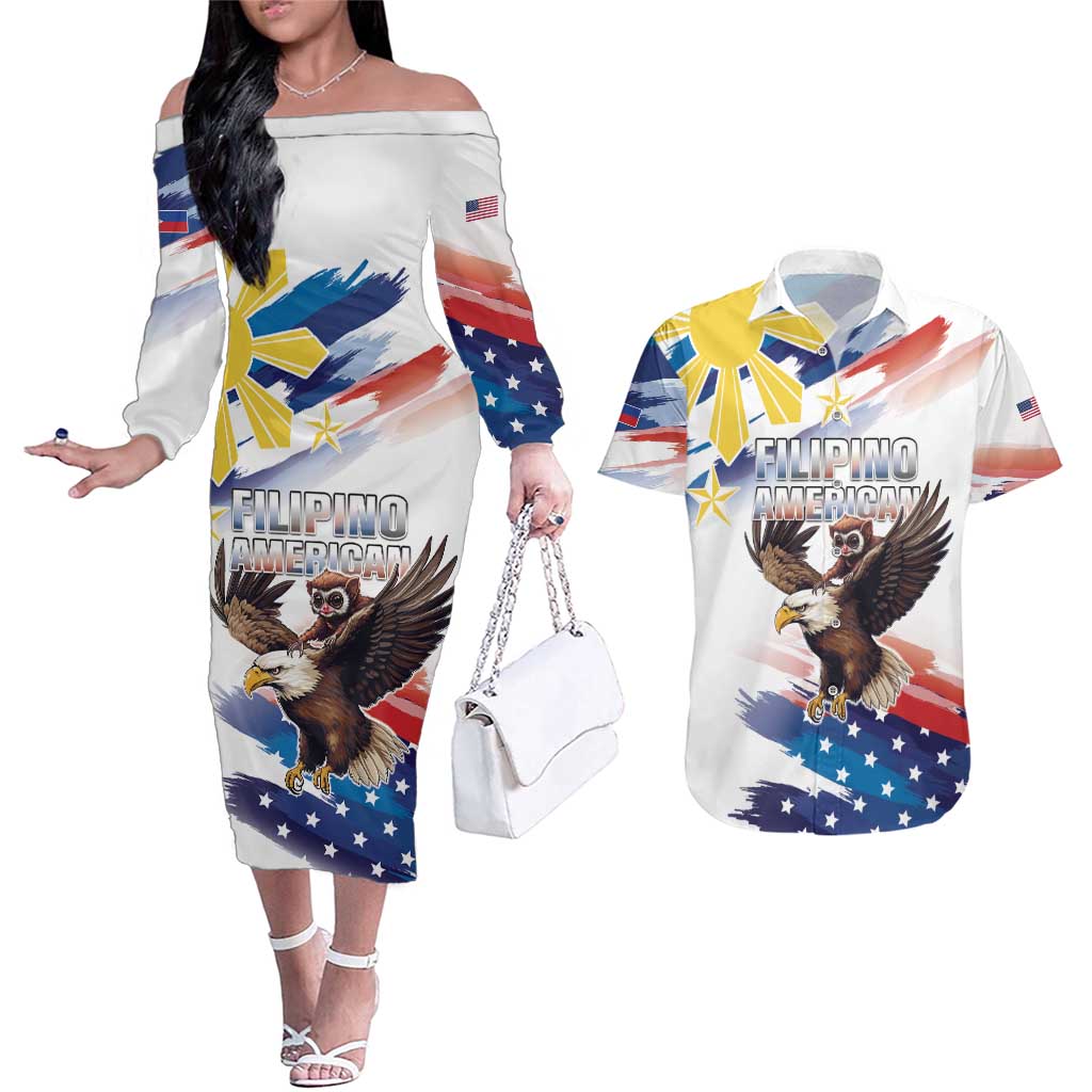 Filipino American History Month Couples Matching Off The Shoulder Long Sleeve Dress and Hawaiian Shirt Bald Eagle Tarsier Together LT05 - Wonder Print Shop