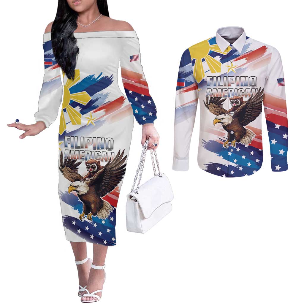 Filipino American History Month Couples Matching Off The Shoulder Long Sleeve Dress and Long Sleeve Button Shirt Bald Eagle Tarsier Together