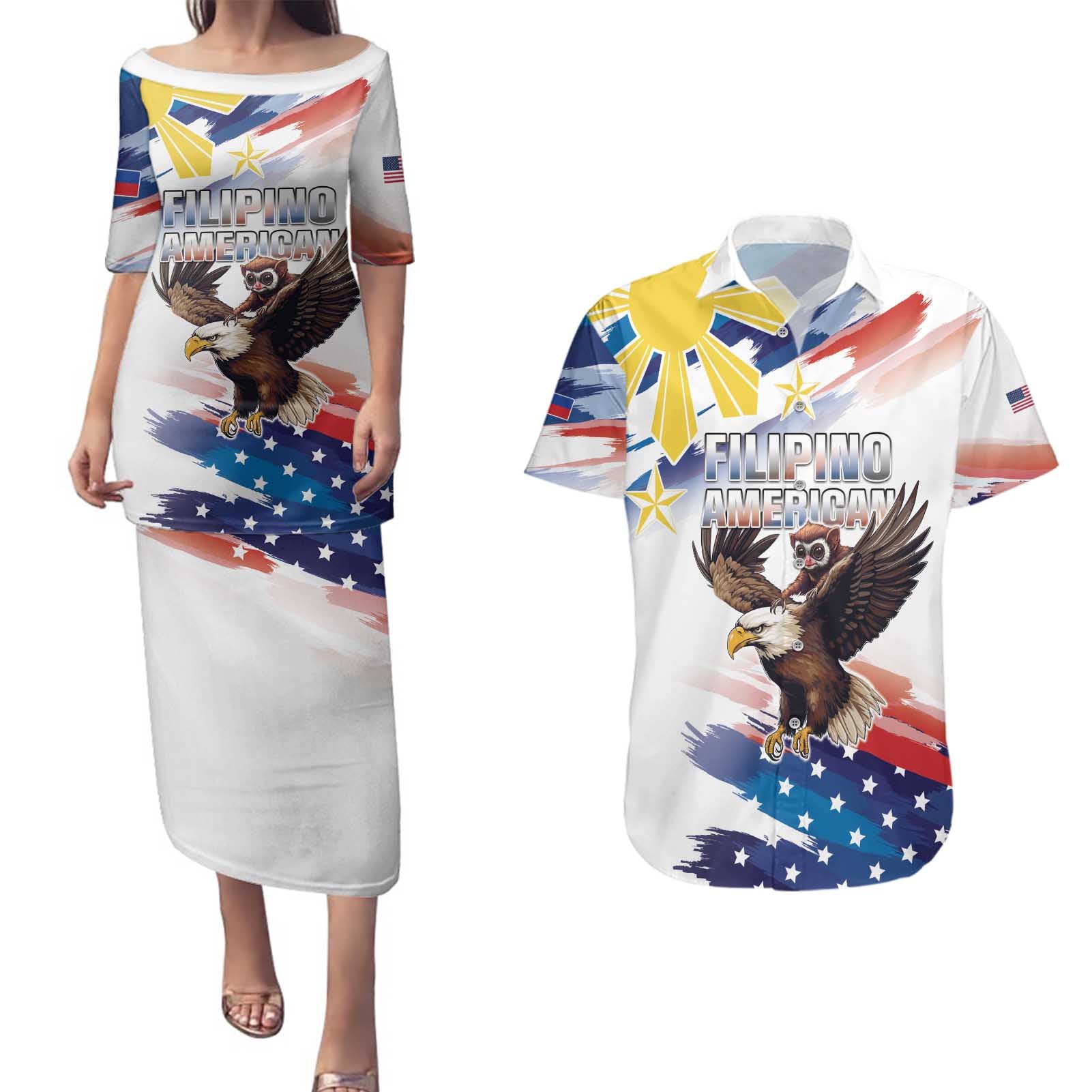 Filipino American History Month Couples Matching Puletasi and Hawaiian Shirt Bald Eagle Tarsier Together LT05 - Wonder Print Shop