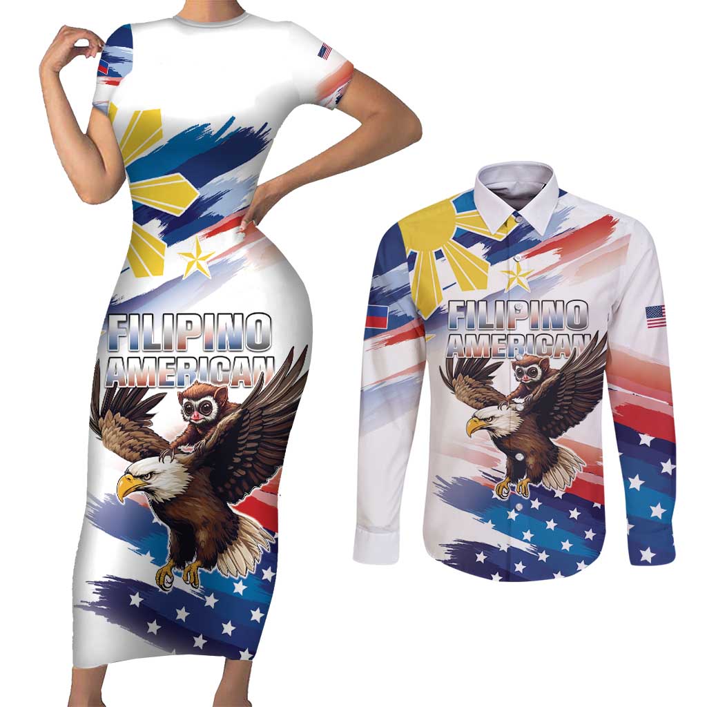 Filipino American History Month Couples Matching Short Sleeve Bodycon Dress and Long Sleeve Button Shirt Bald Eagle Tarsier Together LT05 - Wonder Print Shop