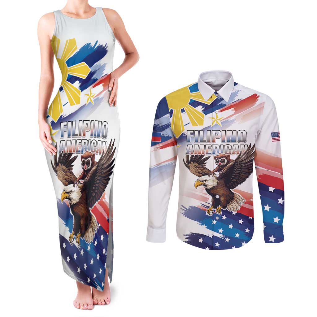 Filipino American History Month Couples Matching Tank Maxi Dress and Long Sleeve Button Shirt Bald Eagle Tarsier Together LT05 - Wonder Print Shop