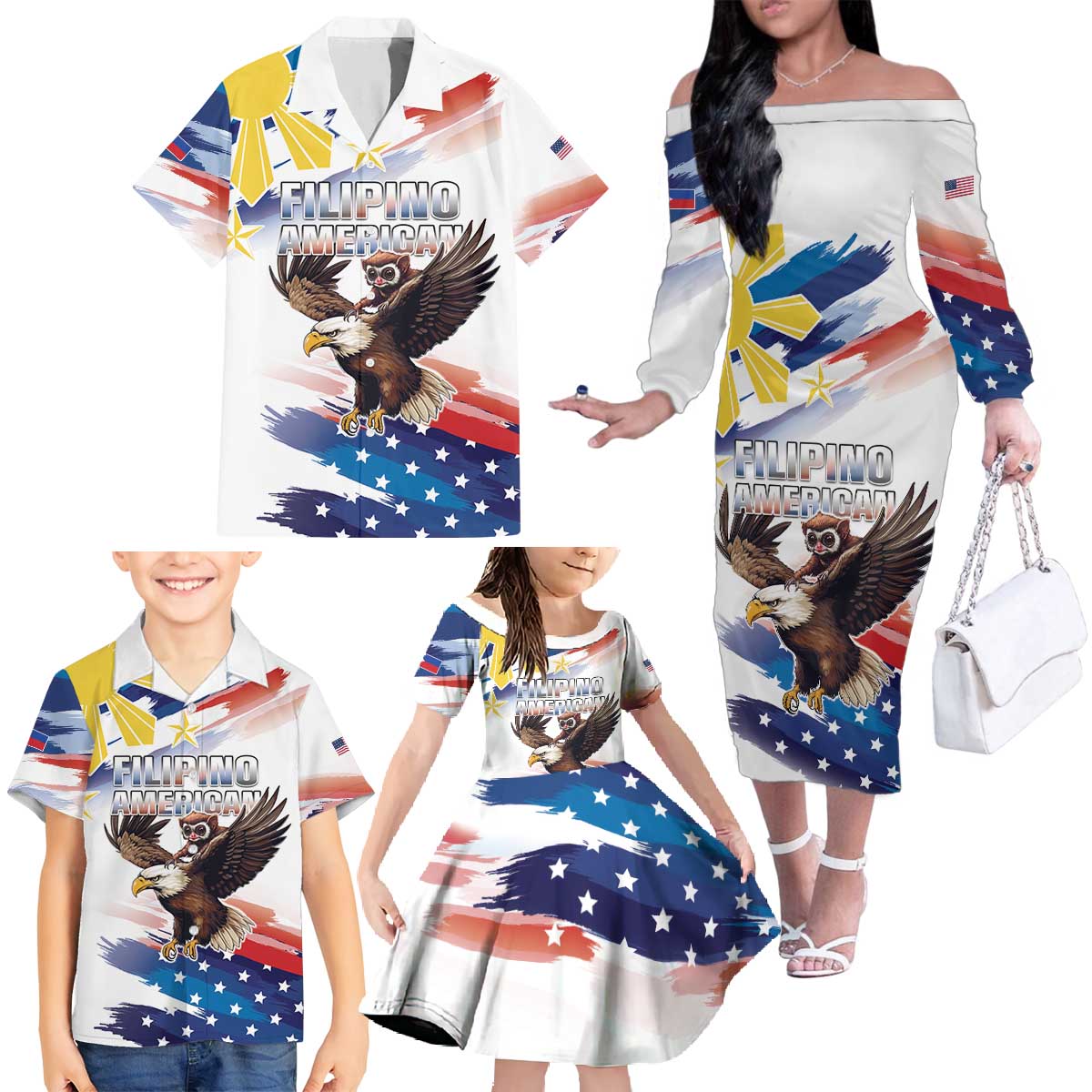 Filipino American History Month Family Matching Off The Shoulder Long Sleeve Dress and Hawaiian Shirt Bald Eagle Tarsier Together LT05 - Wonder Print Shop