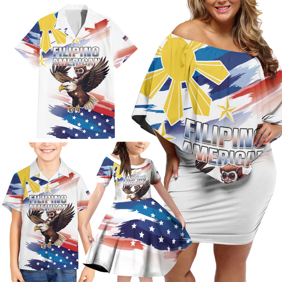 Filipino American History Month Family Matching Off Shoulder Short Dress and Hawaiian Shirt Bald Eagle Tarsier Together LT05 - Wonder Print Shop