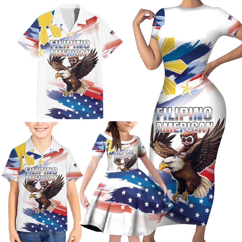 Filipino American History Month Family Matching Short Sleeve Bodycon Dress and Hawaiian Shirt Bald Eagle Tarsier Together LT05 - Wonder Print Shop