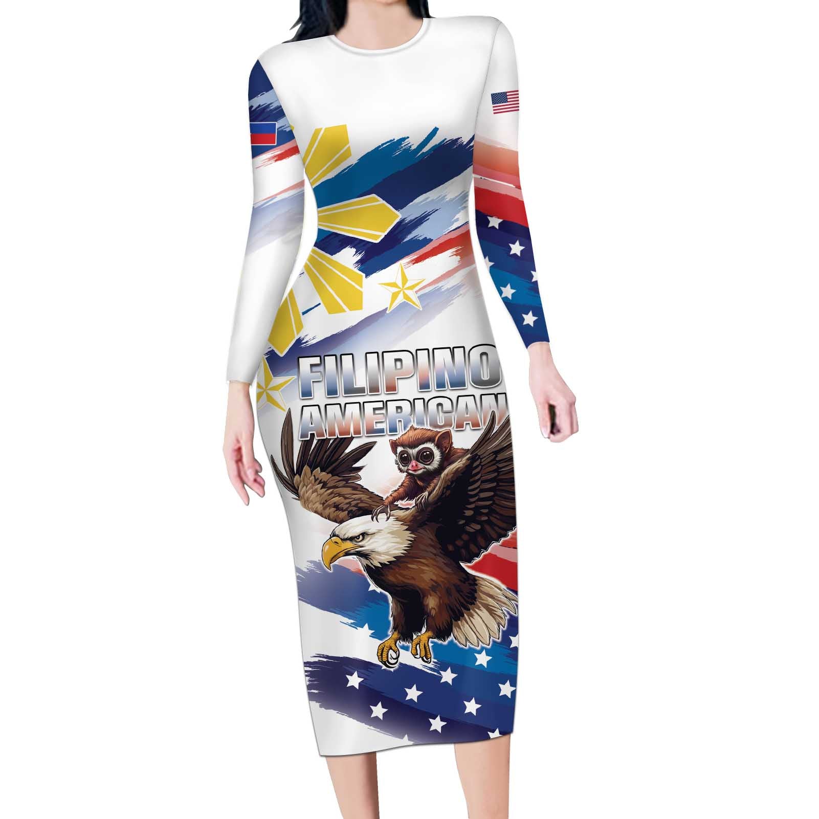 Filipino American History Month Long Sleeve Bodycon Dress Bald Eagle Tarsier Together LT05 - Wonder Print Shop