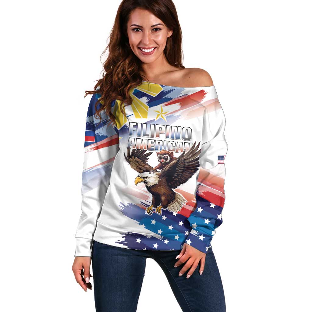 Filipino American History Month Off Shoulder Sweater Bald Eagle Tarsier Together LT05 - Wonder Print Shop