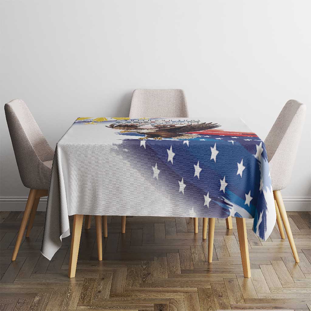 White tablecloth with blue stars and eagle graphic on dining set